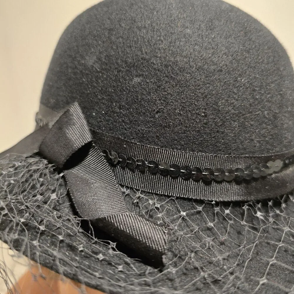 True Vintage Lancaster Black Wool Felt Hat Face Netting USA Black Sequin Classy